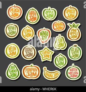 Vector Set of Fruits Jam icons, isolated on black background. Stock Vector
