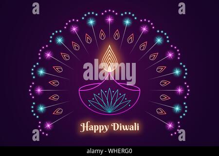 Happy Diwali Banner, Hindu festival of lights. Indian Deepavali holiday, Background with Diya lamp, burning Flame, glowing fireworks and neon sparkles Stock Vector