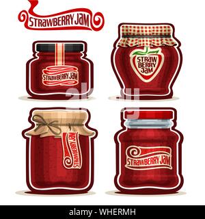 Vector set of Strawberry Jam in glass Jars with paper lid, isolated on white. Stock Vector