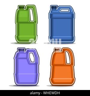 Vector colorful canisters, 4 plastic green and blue container bottles with handles and caps isolated on white background. Stock Vector