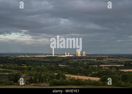 Didcot A Power Station, minutes before the last three cooling towers were demolished on 18th August 2019 (viewed from Wittenham Clumps, Oxfordshire) Stock Photo