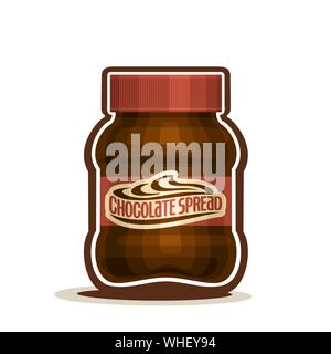 Vector Chocolate Spread jar with label, container with choco hazelnut cream, butter snack with cap, pot cocoa nut dessert with lid, closeup isolated o Stock Vector