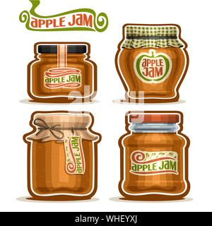 Vector set of Apple Jam in glass Jars with paper cover lid, isolated on white Stock Vector
