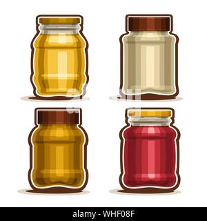 Vector set of Glass Jars with metal cap for honey or mustard, collection of 4 plastic yellow and red containers with lid for strawberry or raspberry j Stock Vector