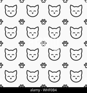Cat faces and paws seamless pattern vector illustration. Stock Vector