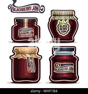 Vector set of Blackberry Jam in glass Jars with paper lid cover, isolated on white. Stock Vector