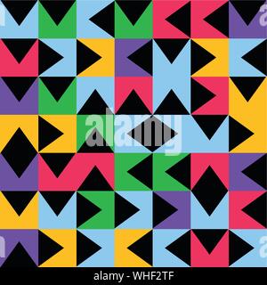 Multicolored geometric truchet pattern background with black triangles. Stock Vector
