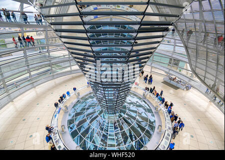 Berlin, Germany - May 4, 2019 - The interior of the glass dome on top of the rebuilt Reichstag building in Berlin, Germany. Stock Photo