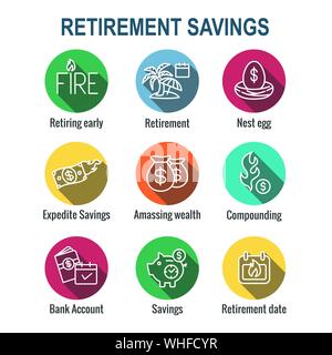Retirement Savings Icon Set w money bags, nest egg, calendar and more Stock Vector
