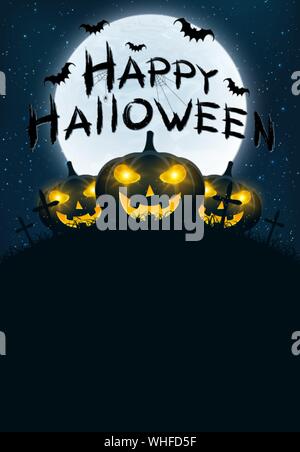 Template for Happy Halloween. Grunge calligraphy with bats and spiders. Pumpkins in the night cemetery. Full moon in the starry sky. Vector illustrati Stock Vector