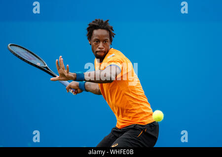 Gael Monfils of France playing single handed forehand against Cameron Norrie of Great Britain. at Aegon International 2017- Eastbourne - England - Qua Stock Photo