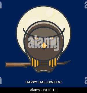 Halloween owl sitting on branch in moonlight. Vector illustration, filled outline style. Stock Vector