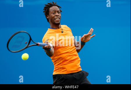 Gael Monfils of France playing single handed forehand against Cameron Norrie of Great Britain. at Aegon International 2017- Eastbourne - England - Qua Stock Photo