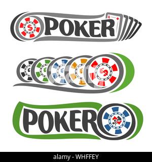 Vector set of Poker logo, five playing cards for gambling game and colorful chips with dollar signs. Stock Vector