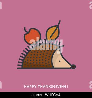 Hedgehog with apple and leaf in spikes icon, filled outline style. Thanksgiving and autumn symbol vector illustration Stock Vector