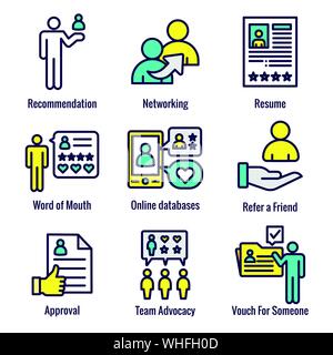 Employee Referral Process Icon Set with Networking, Recommendation, & reference Stock Vector