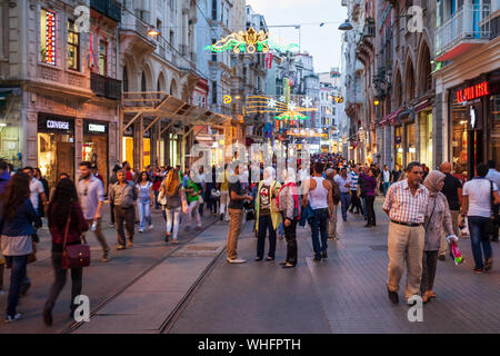 ISTANBUL, TURKEY - SEPTEMBER 22, 2014: Istiklal Avenue or Istiklal Street is one of the most famous pedestrian street in Istanbul, Turkey Stock Photo