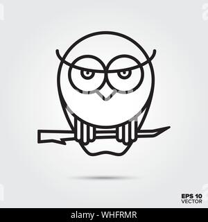 Owl on branch outline style icon. Fall season and halloween celebration symbol. Spooky cartoon vector illustration. Stock Vector