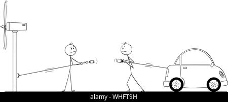 Vector cartoon stick figure drawing conceptual illustration of two men unable to connect cables to recharge electric car and wind power plant. Concept of insufficient power line infrastructure. Stock Vector