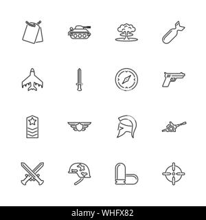 War, Armed, Arming outline icons set - Black symbol on white background. War, Armed, Arming Simple Illustration Symbol - lined simplicity Sign. Flat V Stock Vector