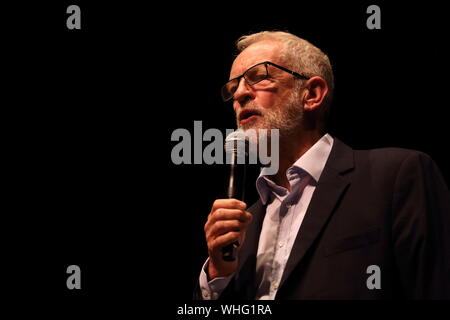 Salford, Greater Manchester, UK. 2nd September, 2019. Labour leader Jeremy Corbyn MP addresses a rally at The Lowry Theatre in Salford. Stock Photo