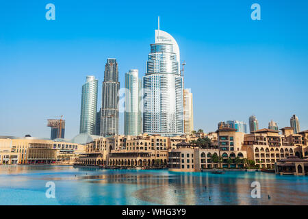 DUBAI, UAE - FEBRUARY 24, 2019: Address Downtown is a 63 story supertall hotel and skyscraper in the Burj Dubai Development Area of Dubai, UAE