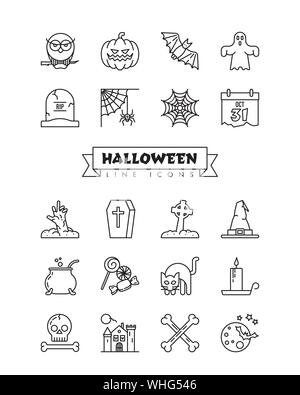 Halloween symbols line icon collection. Set of 20 spooky vector design elements in outline style. Stock Vector