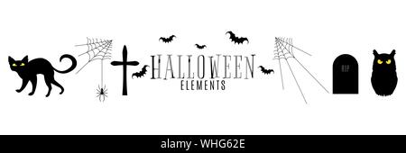 Set of silhouettes for Happy Halloween. Cat and owl with yellow eyes, bats and a spider on the web. Holiday terrible collection. Vector illustration Stock Vector