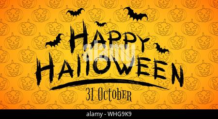 Happy Halloween text banner. Pumpkins seamless pattern. Horrible grunge calligraphy with bats and spiders on a dark background. Vector illustration. E Stock Vector