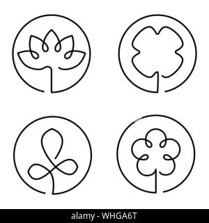 Continuous line art logo set of flower, clower leaf, lotus, abstract plant Stock Vector