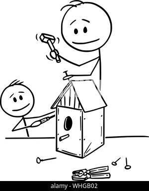 Vector cartoon stick figure drawing conceptual illustration of man and boy or father and son building together birdhouse for birds in workshop. Stock Vector