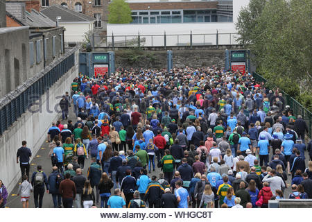 Dublin, Ireland September 1, 2019. Supporters of Dublin and Kerry leave Croke Park in Dublin after an exciting All Ireland final Gaelic football game which ended in a draw. The two teams will return on Saturday week with Dublin's hopes of five titles in a row still alive. Stock Photo