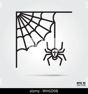Cobweb and spider outline style icon. Fall season and halloween celebration symbol. Spooky cartoon vector illustration. Stock Vector