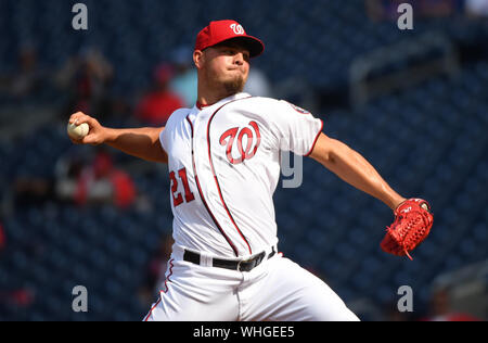 Washington DC, USA. 02nd Sep, 2019. Washington Nationals relief pitcher Tanner Rainey (21) pitches against the New York Mets in the eighth inning at National Park in Washington, DC on Monday, September 2, 2019. The Mets defeated the Washington Nationals 7-3. Photo by Kevin Dietsch/UPI Credit: UPI/Alamy Live News Stock Photo