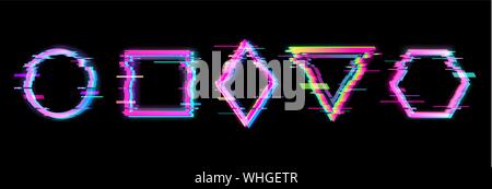 Colorful glitch geometric shapes, frames set with neon effect Stock Vector