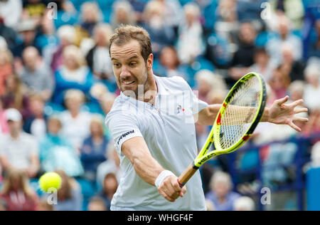 Aegon International 2017- Eastbourne - England - ATP Men's Semi Final. Richard Gasquet of France in action playing single handed backhand against Gael Stock Photo
