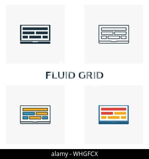 Fluid Grid icon set. Four elements in diferent styles from design ui and ux icons collection. Creative fluid grid icons filled, outline, colored and Stock Vector
