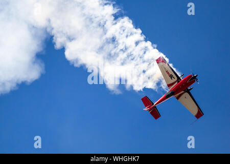 LE BOURGET PARIS - JUN 21, 2019: Extra 330SC aerobatic monoplane performing at the Paris Air Show. Stock Photo