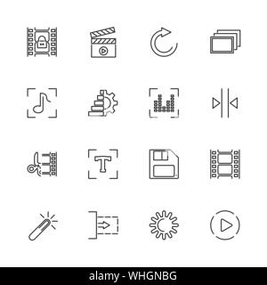 Video, Movie Editing, Film outline icons set - Black symbol on white background. Video, Movie Editing Simple Illustration Symbol - lined simplicity Si Stock Vector