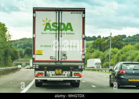 CARDIFF, WALES - SEPTEMBER 2018: Rear of a delivery lorry for ASDA on the M4 motorway near Cardiff Stock Photo