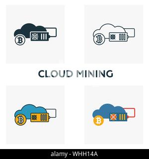 Cloud Mining icon set. Four elements in diferent styles from crypto currency icons collection. Creative cloud mining icons filled, outline, colored Stock Vector