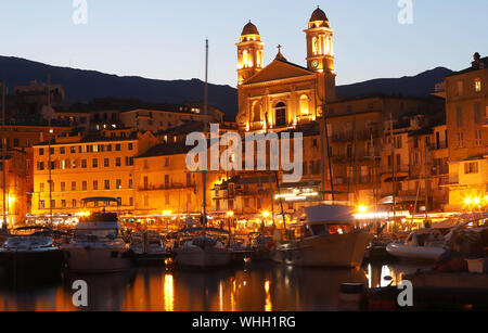 View of St Jean Baptiste cathedral and old port of Bastia ,Corsica island - second largest corsican city and main entry point to the island. Stock Photo