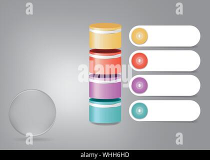Infographic showing 3d glass ball ready for your text and four colorful rollers with white numbered labels ready for your text. Stock Vector