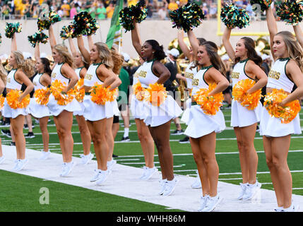 August 31 2019: Baylor Bears cheerleaders perform before the NCAA Football game between Stephen F. Austin Lumberjacks and the Baylor Bears at McLane Stadium in Waco, Texas. Matthew Lynch/CSM Stock Photo