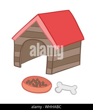 Vector illustration dog kennel, food and bone. Hand drawn. Colored outlines. Stock Vector
