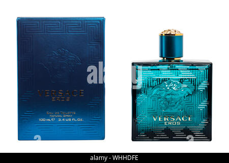 A bottle of Versace Eros eau de toilette aftershave for men on a white background