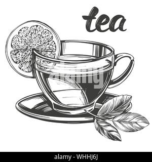 Cup of tea with lemon isolated on white background hand drawn vector illustration realistic sketch. Stock Vector