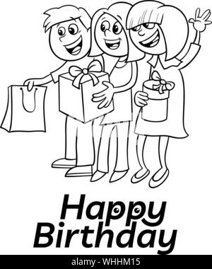 Black and White Cartoon Illustration of Birthday Anniversary Greeting Card Design with Happy Children Stock Vector