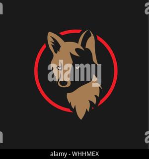 Vintage wolf face logo emblem in red circle, template for business or t-shirt design concept Stock Vector