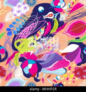 Seamless bright tropical pattern of leaves, spots and flowers on orange background. Design template for Wallpaper, fabric or web pages. Advertising va Stock Vector